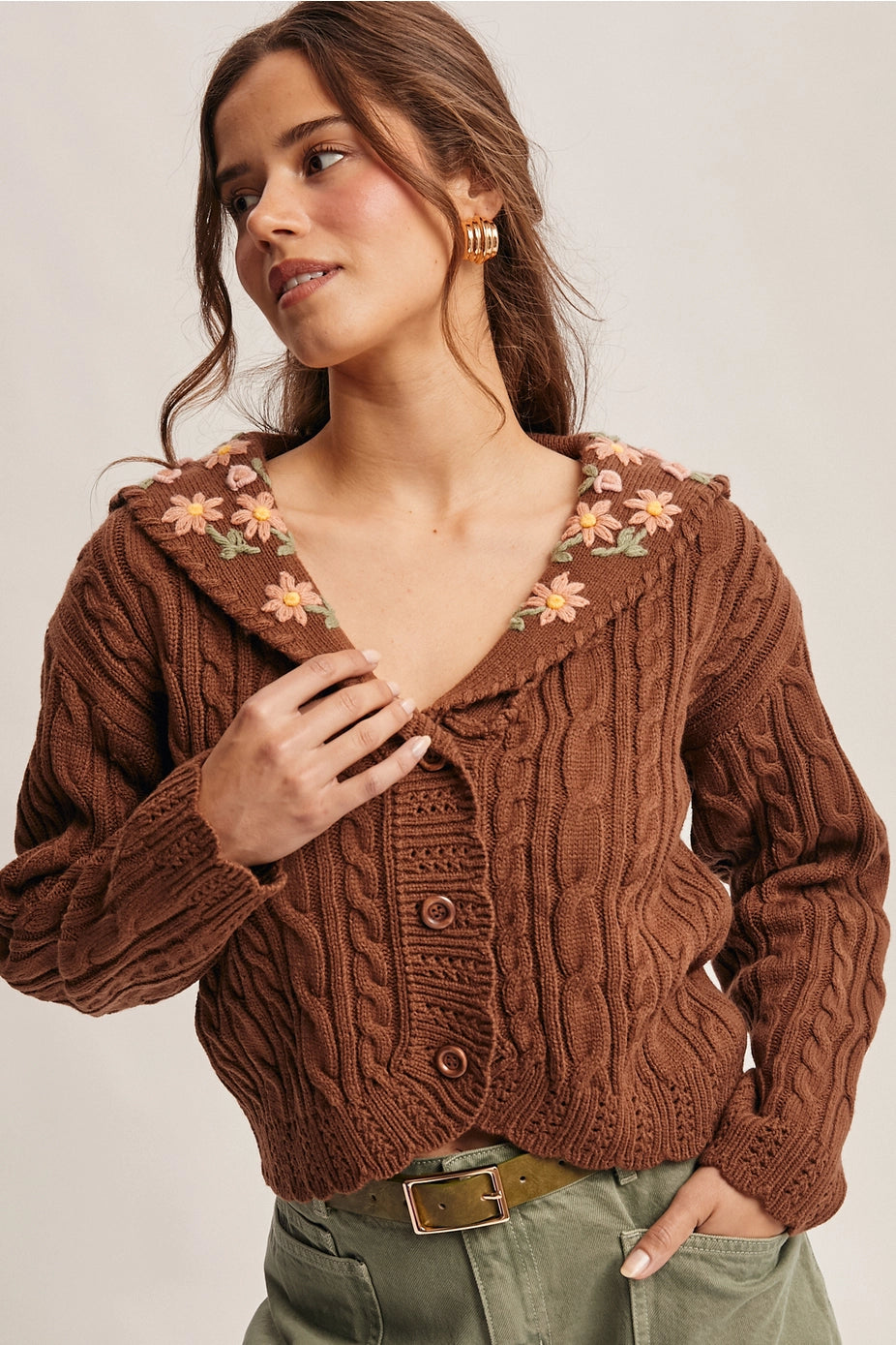 Mocha Cable Knit Embroidered Collar Cardigan