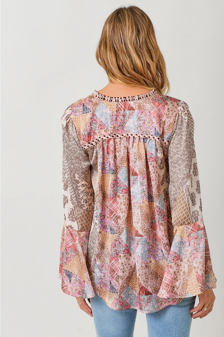 Mixed Print Bell Sleeve Shirt