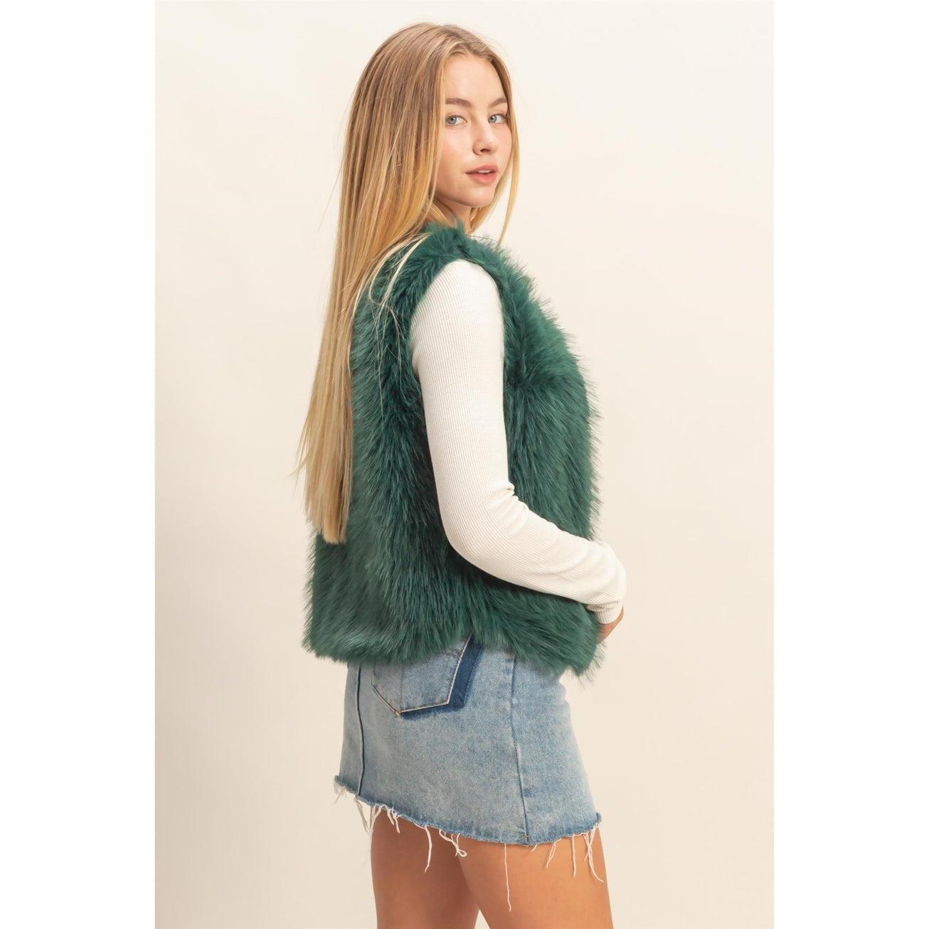 Dark Green Faux Fur Open Vest