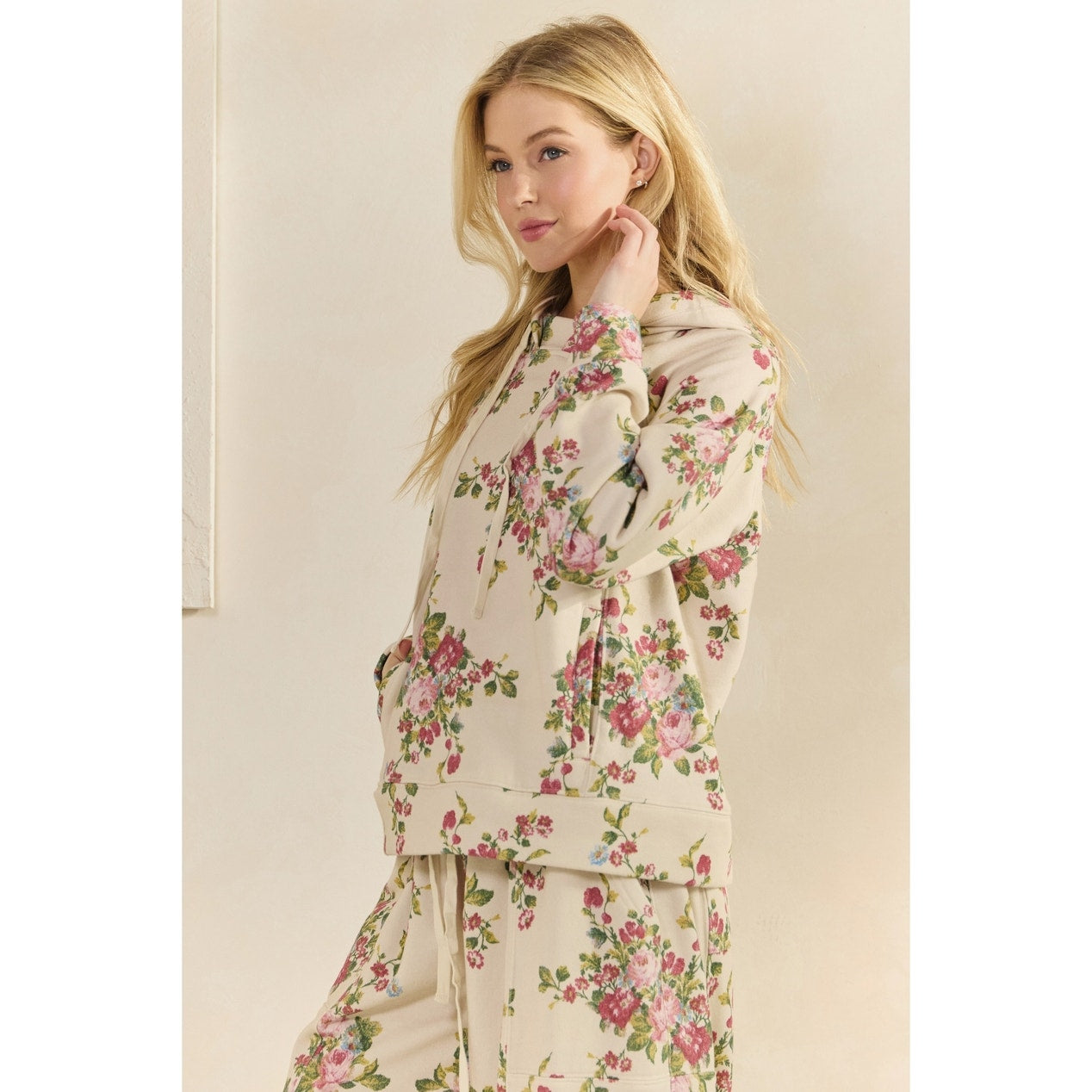 Beige Floral Printed French Terry Hoodie