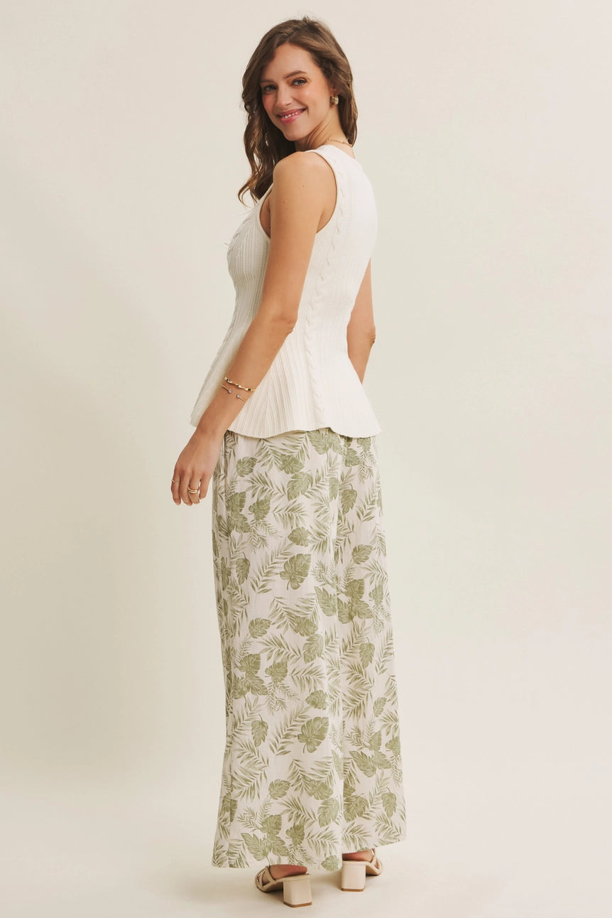 Dusty Sage Summer Days Tropical Palm Leaf Wide-Leg Woven Pants