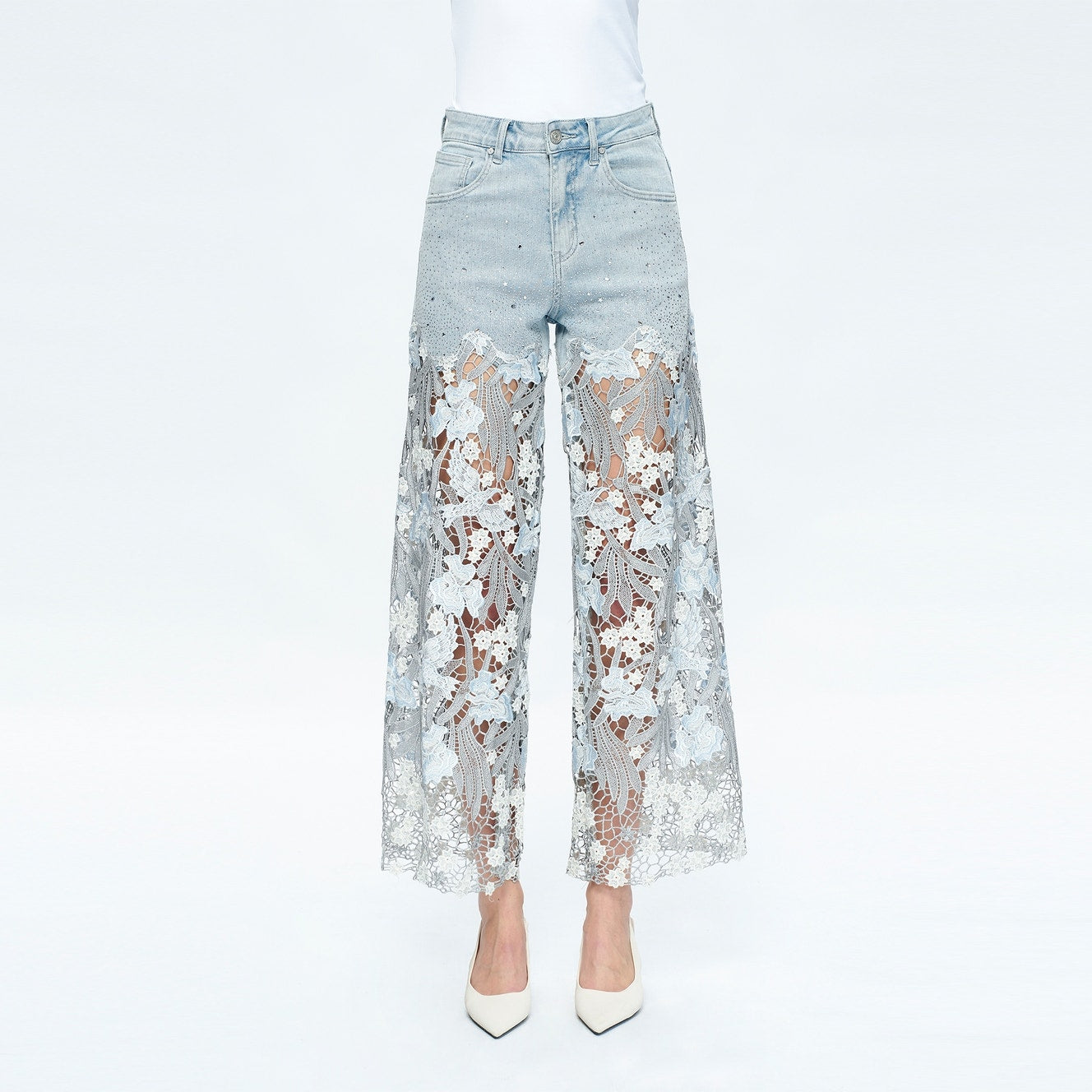 High Rise Wide Leg Jeans with Lace and Rhinestones