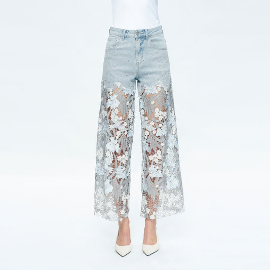 High Rise Wide Leg Jeans with Lace and Rhinestones
