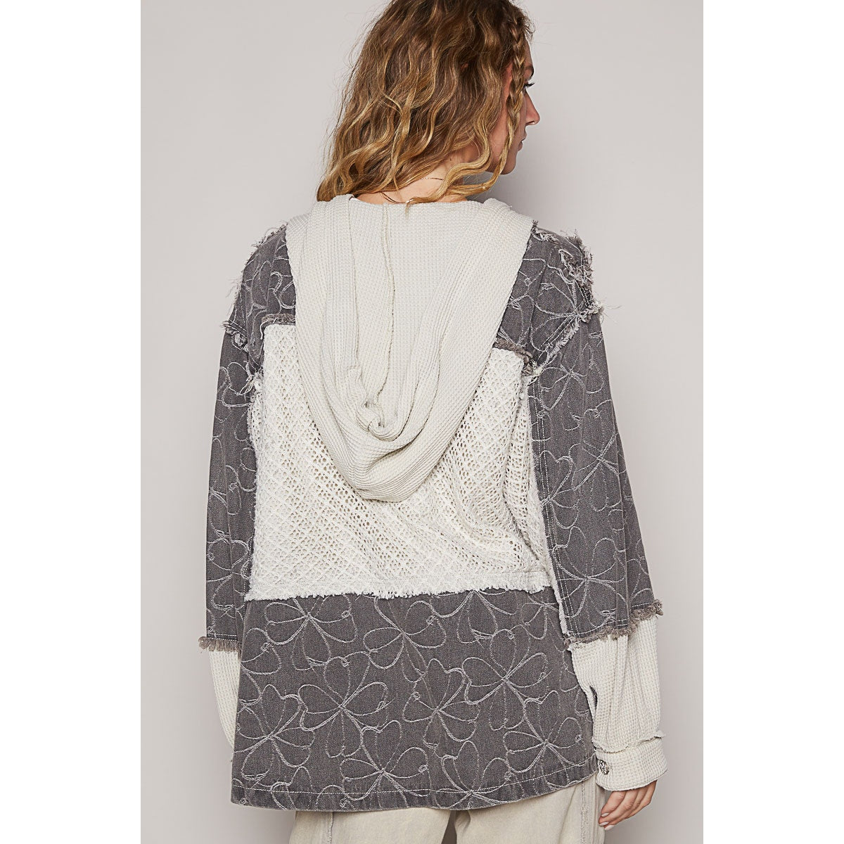 Balloon Sleeve Frayed Edge Detail Hoodie Jacket