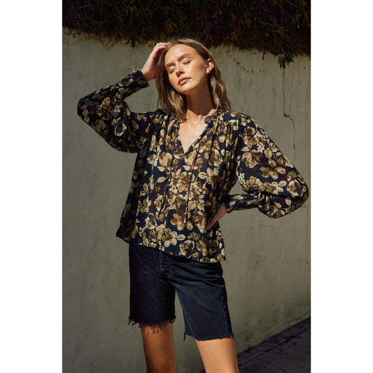 Black Floral Ruffled Neck Blouse
