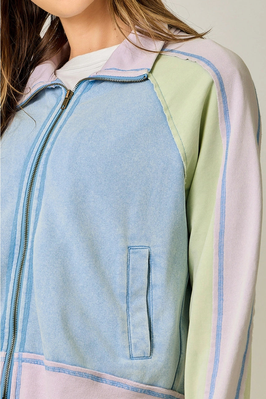 Soft Blue Lavender Color Block Zipped Up Jacket