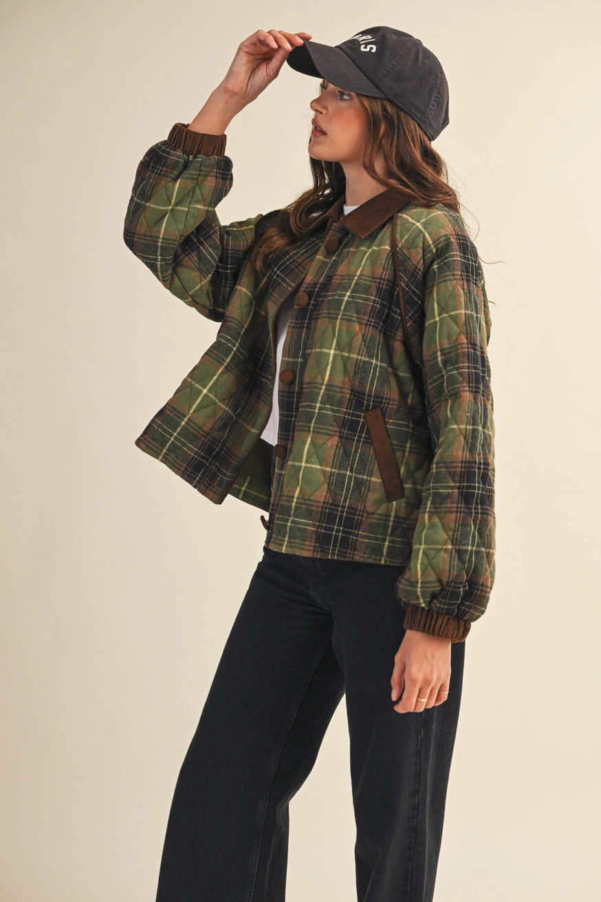 Plaid Quilted Jacket with Corduroy Detail