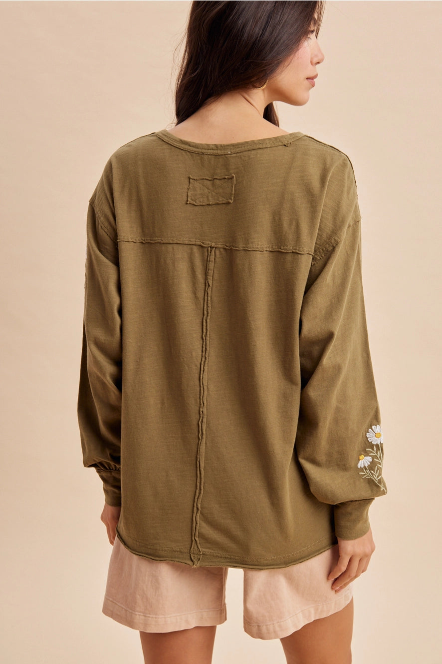 Embroidered Long Sleeve Pullover - Burnt Olive