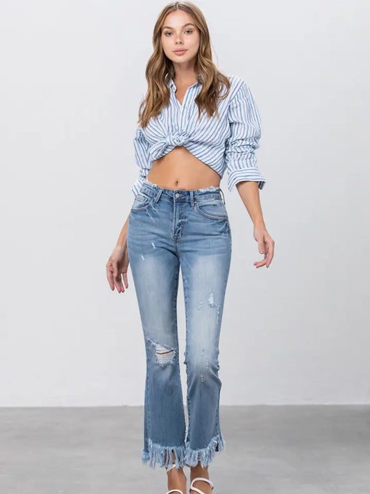 Insane Gene Mid Rise Long Bottom Frayed Crop Flare Jeans