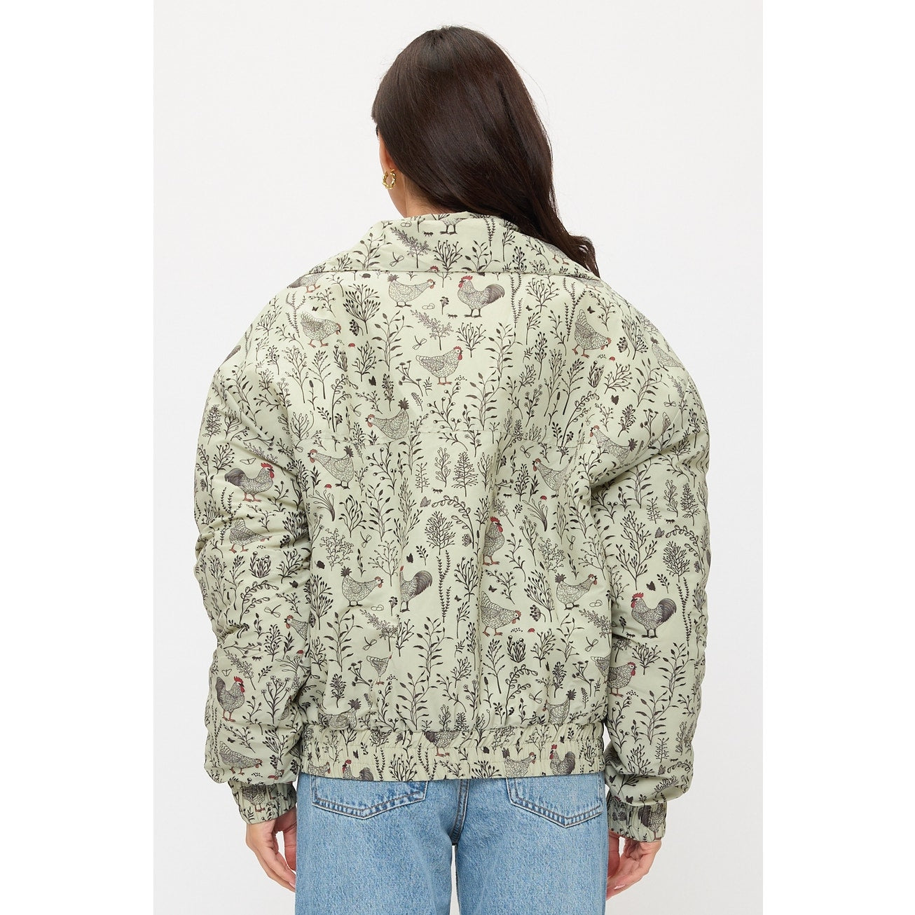 Rooster Floral Print Bomber Puffer Jacket
