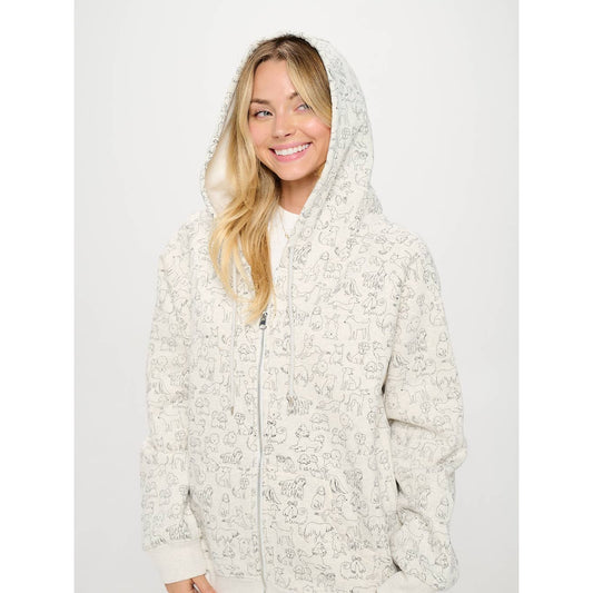 Dog Print Zip Up Hoodie