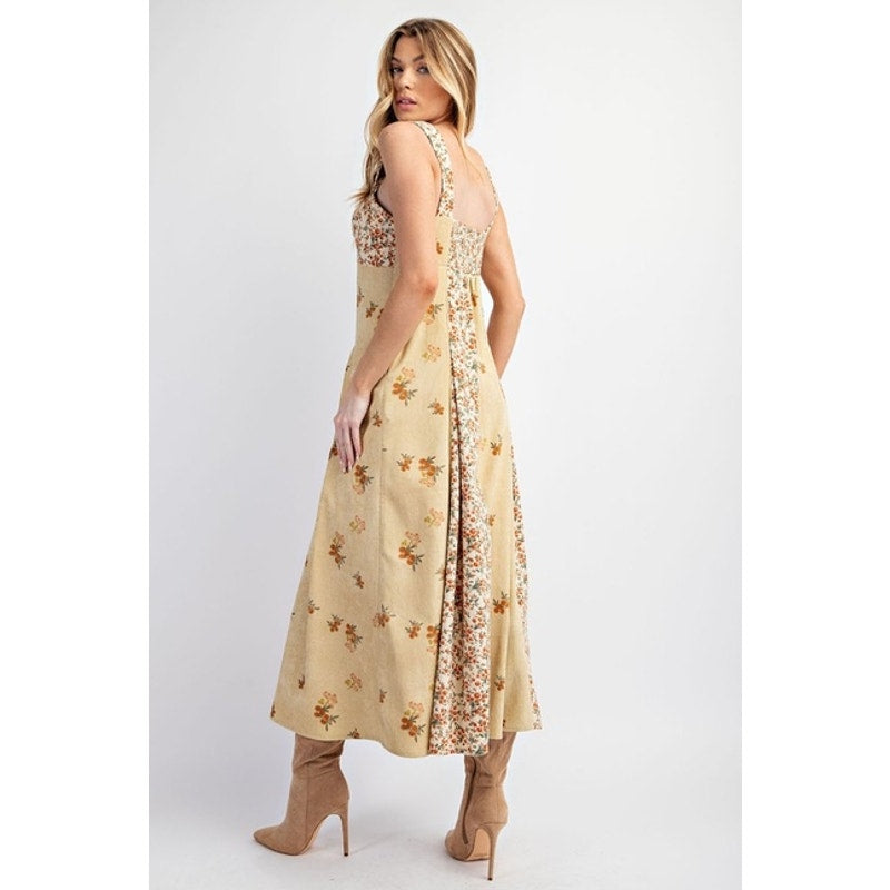 Golden Sand Floral Corduroy Midi Dress