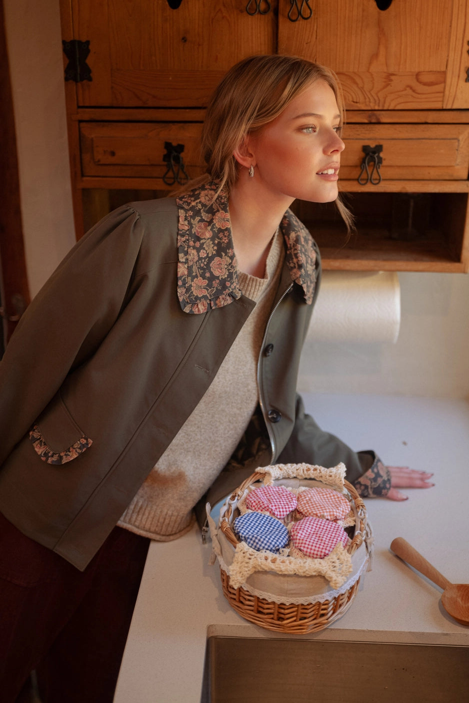 Deep Khaki Utility Jacket With Contrast Floral