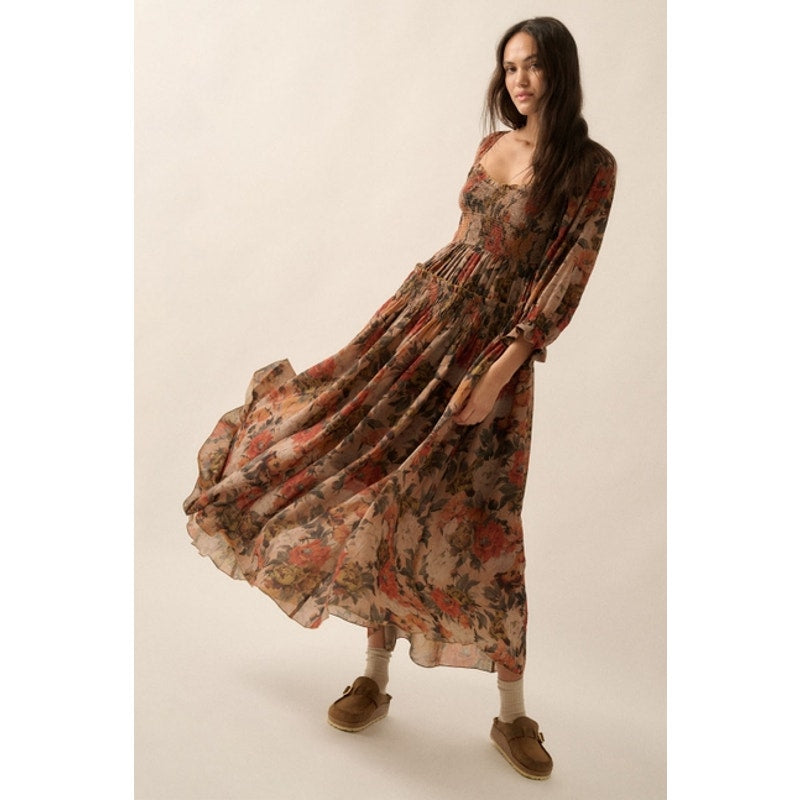 Sand Floral Smocked Three-Quarter Sleeve Maxi Dress