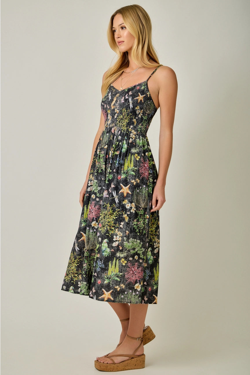 Black Printed Double Gauze Smock Dress