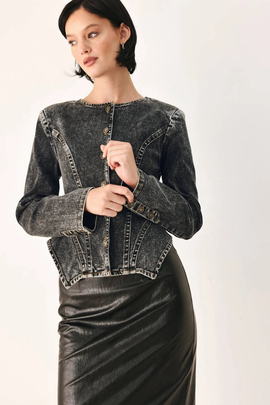 Black Acid Washed Denim Peplum Jacket