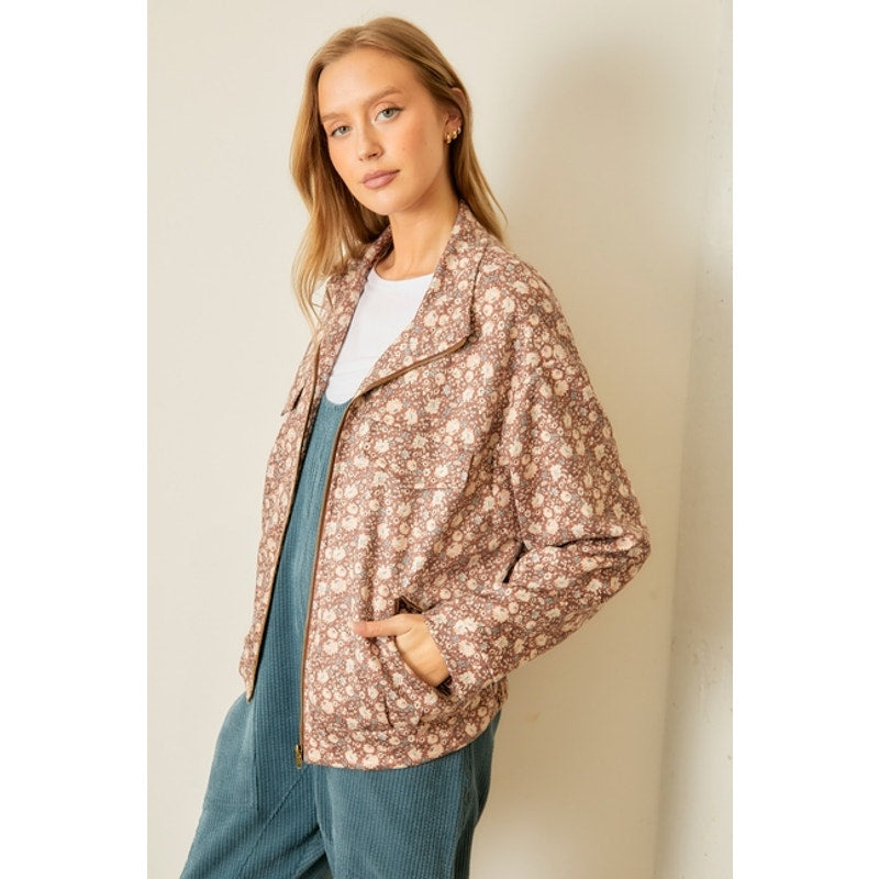 Brown Floral Print Zip Jacket