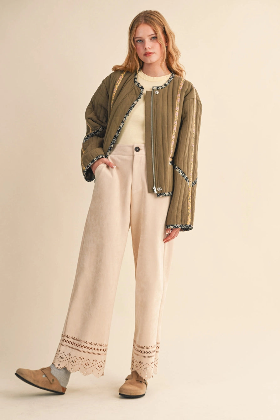 Olive Quilted Jacket with Contrast Binding Detail