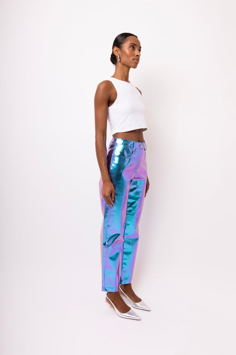 Amy Lynn Lupe Mid Rise Straight Faux Leather Metallic Trouser in Ombre
