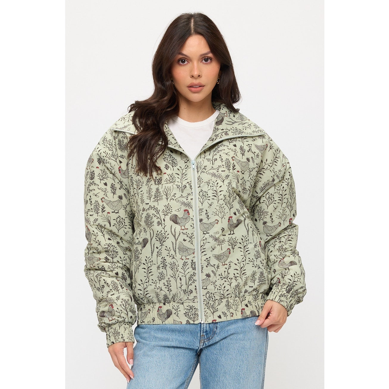 Rooster Floral Print Bomber Puffer Jacket