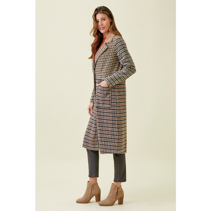 Taupe Mix Plaid Long Coat with Faux Fur Collar