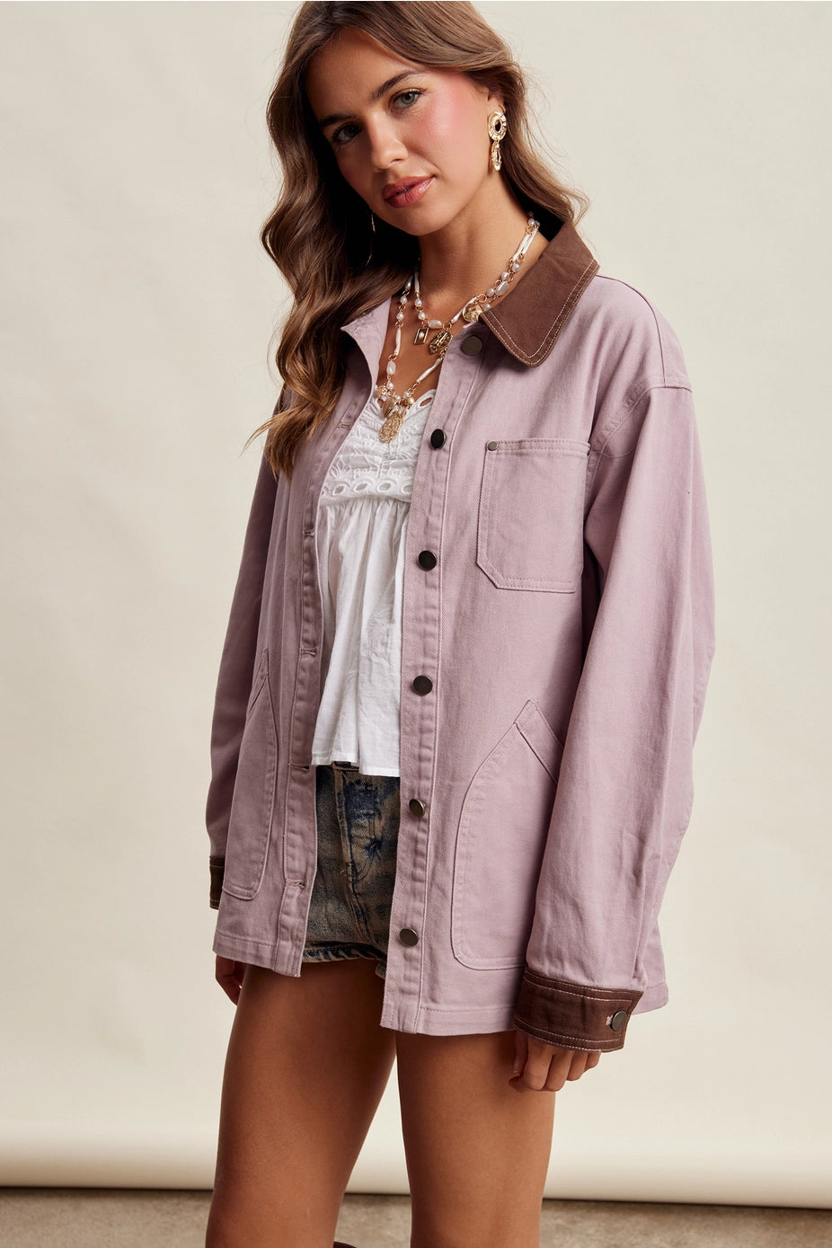 Mauve Contrast Collar Utility Barn Jacket