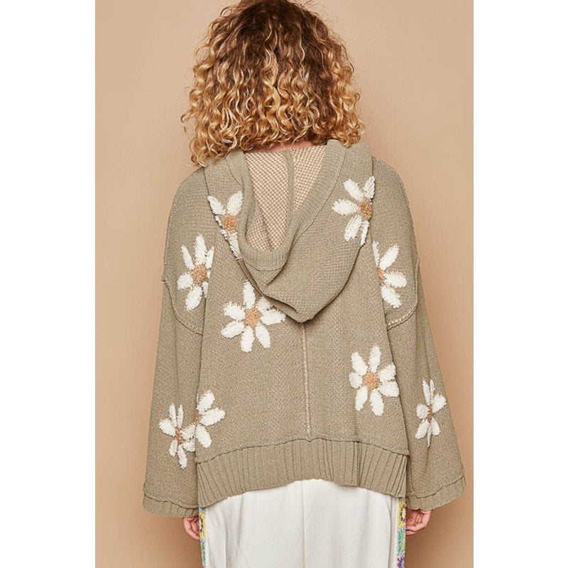 POL Basil Hooded V-Neck Floral Ribbed Sweater