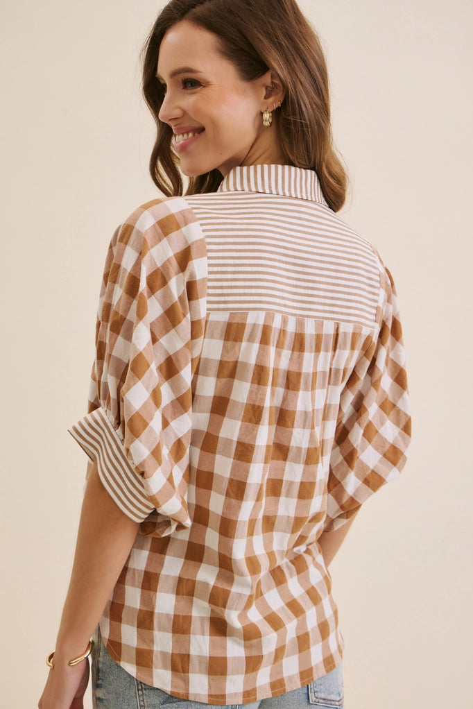 Mocha Gingham Balloon-Sleeves Shirt