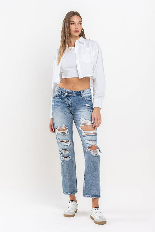 The Options High Rise Criss Cross Distressed Boyfriend Jeans