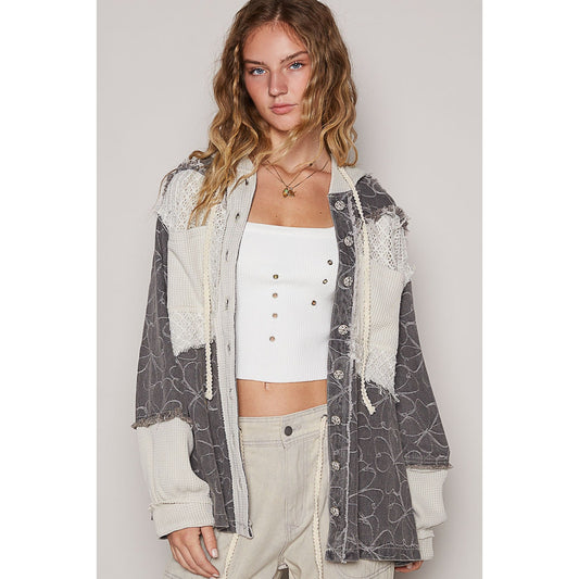 Balloon Sleeve Frayed Edge Detail Hoodie Jacket