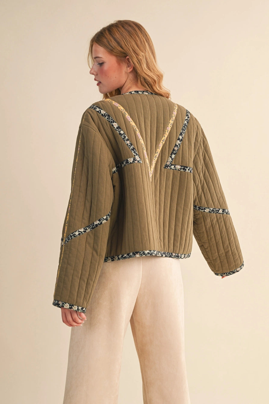 Olive Quilted Jacket with Contrast Binding Detail