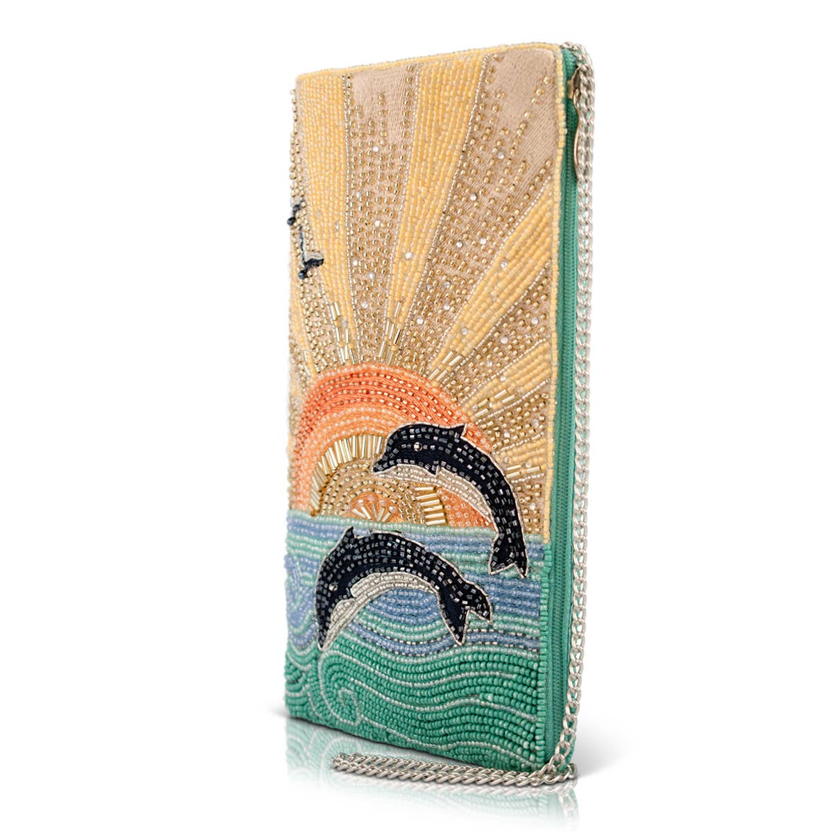 Mary Frances Flip For Joy Sunset and Dolphins Beaded Crossbody Phone Bag