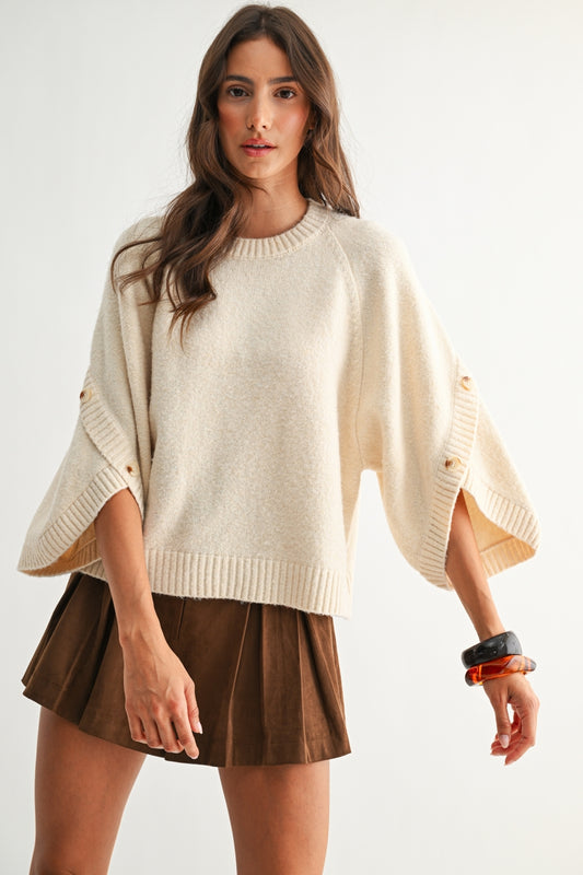 Button Sleeve Cream Knit Pullover