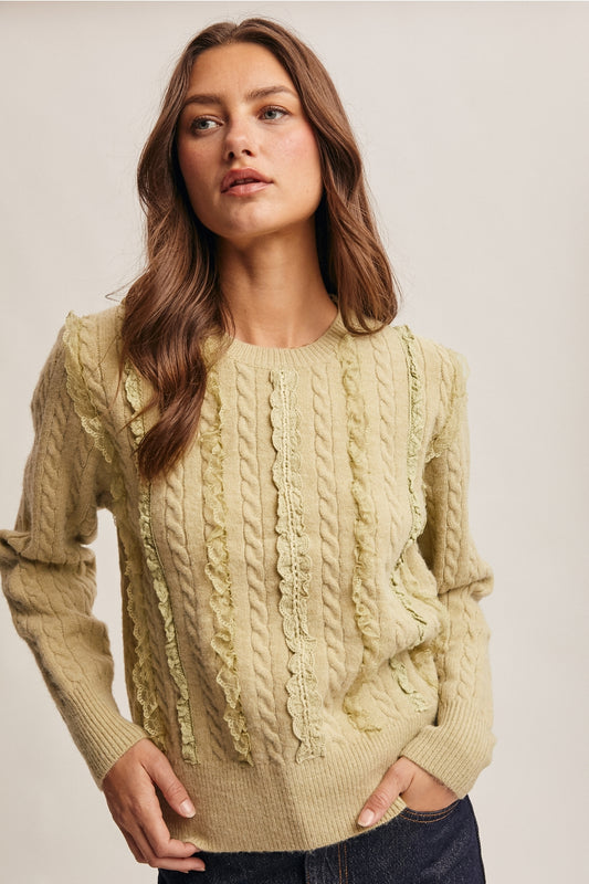Matcha Lace Trim Cable Knit Pullover