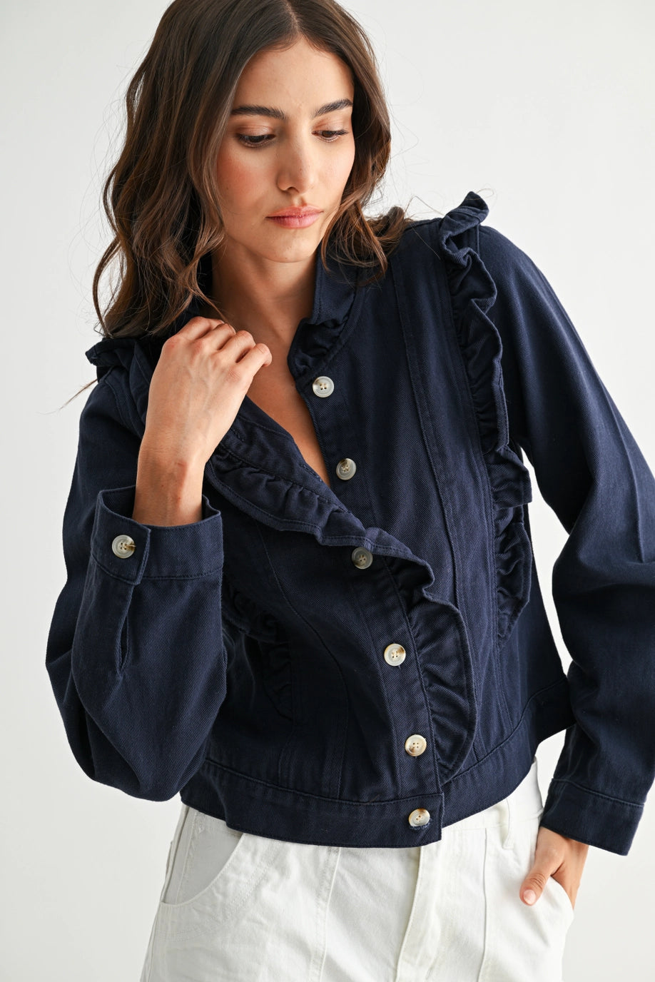 Navy Ruffled Button-Up Denim Jacket