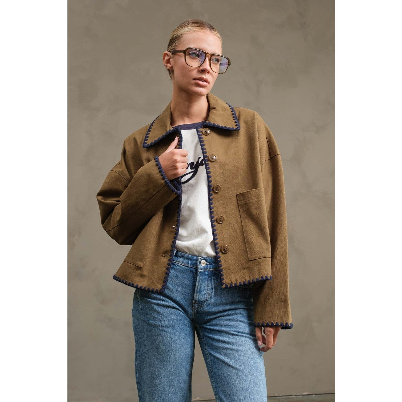 Olive Collar Jacket with Contrast Stitching