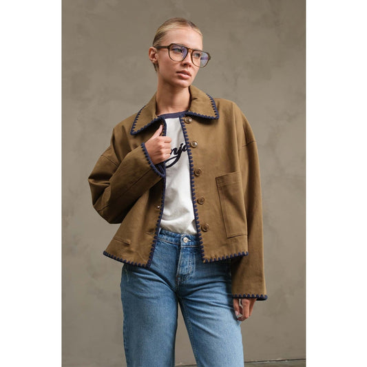 Olive Collar Jacket with Contrast Stitching