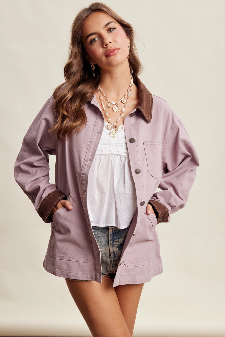 Mauve Contrast Collar Utility Barn Jacket