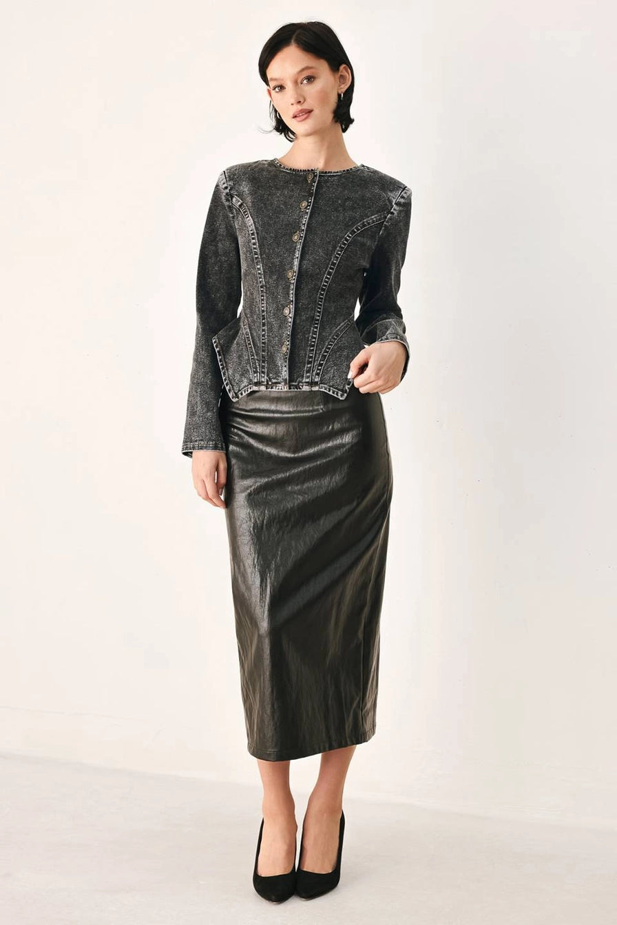 Black Acid Washed Denim Peplum Jacket