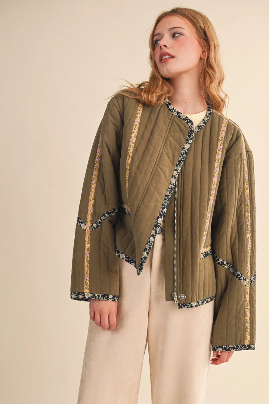Olive Quilted Jacket with Contrast Binding Detail