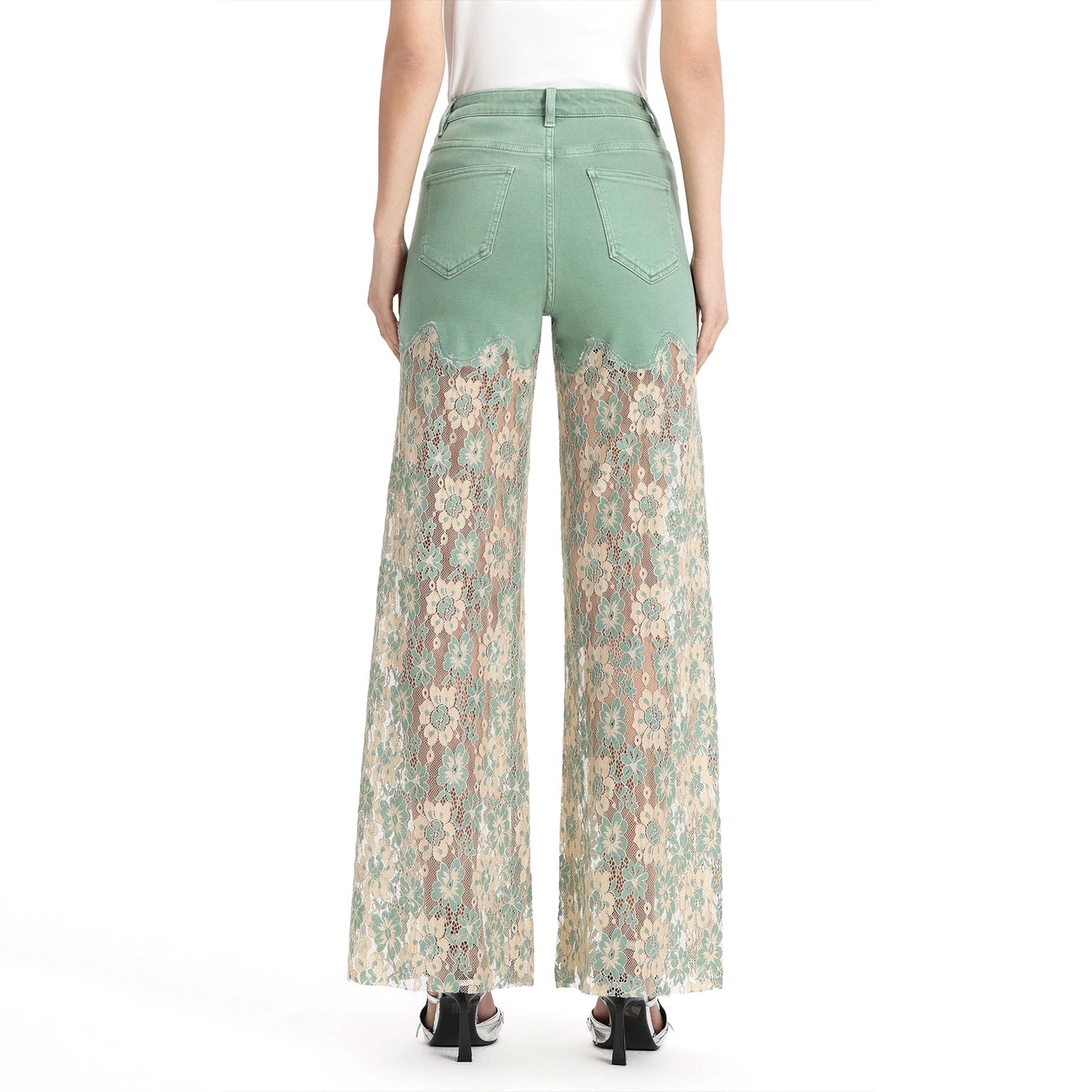 Emerald Green High Rise Lace Pants with Rhinestones