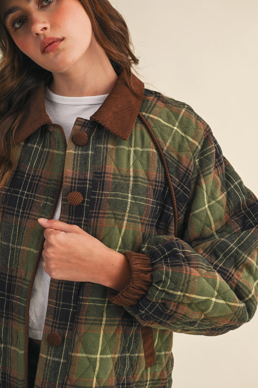 Plaid Quilted Jacket with Corduroy Detail