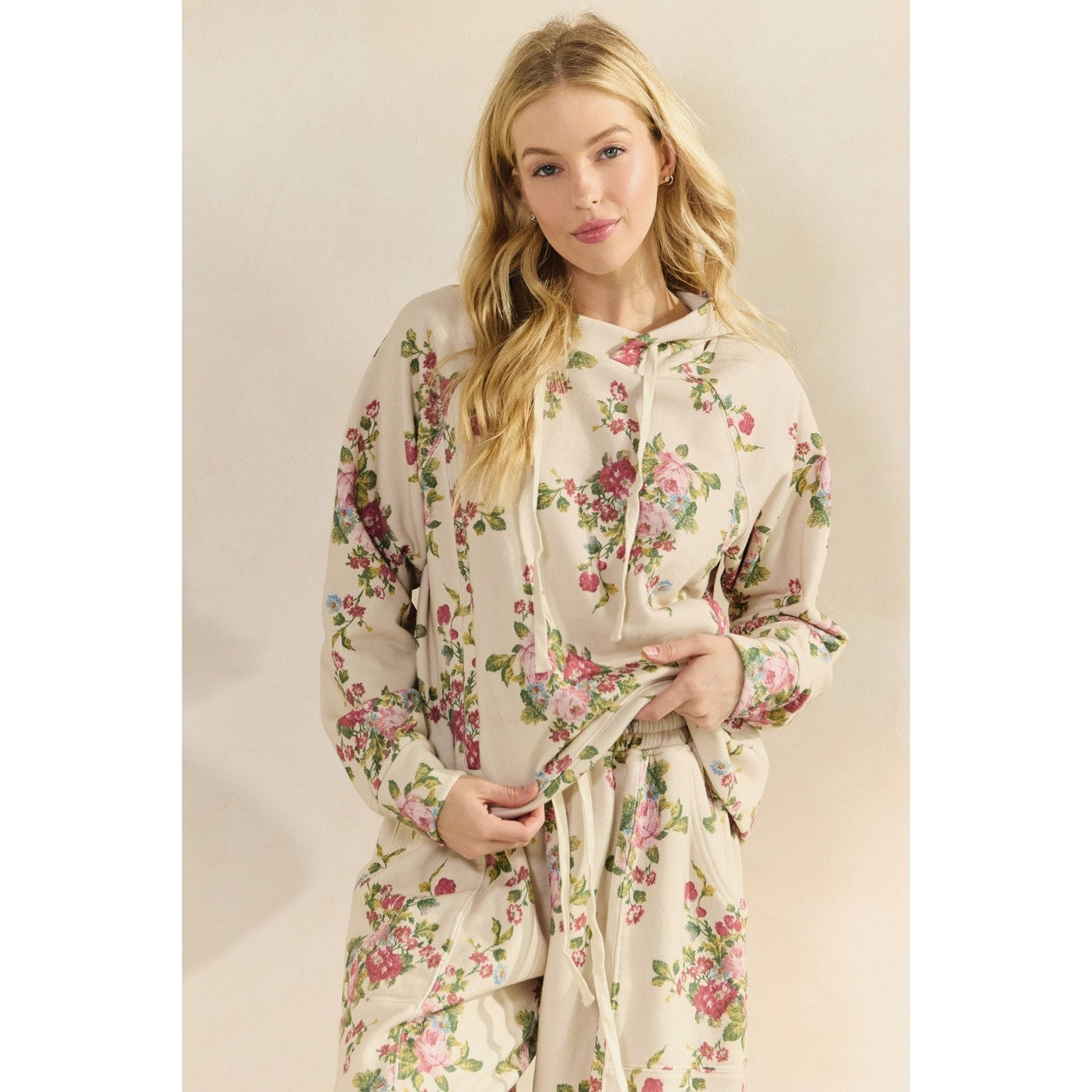 Beige Floral Printed French Terry Hoodie