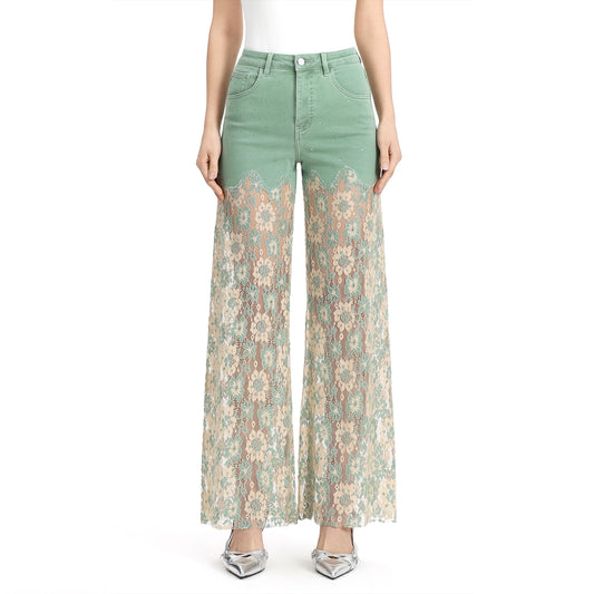 Emerald Green High Rise Lace Pants with Rhinestones