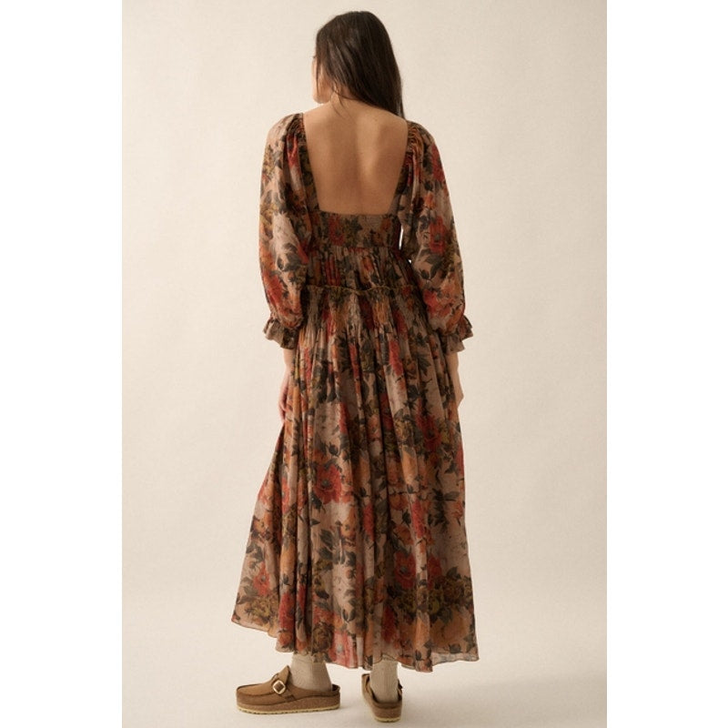 Sand Floral Smocked Three-Quarter Sleeve Maxi Dress