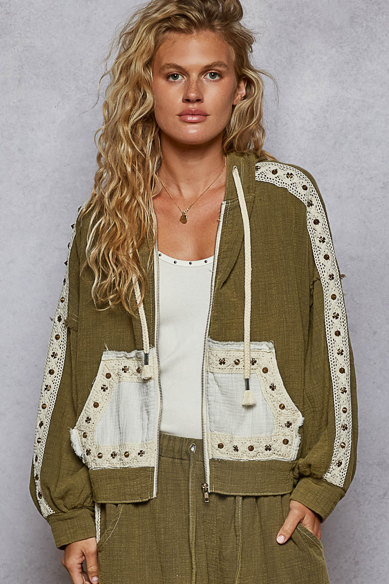 Vintage Olive Double Gauze Stud Detail Hoodie Jacket