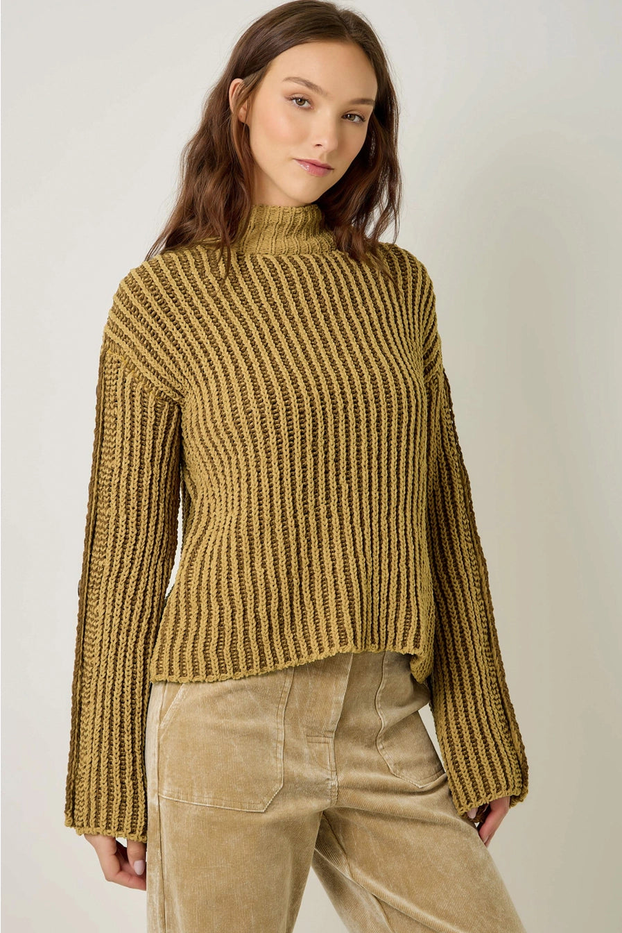 Mustard Velvety Two-Tone Sleeve Buttoned Sweater