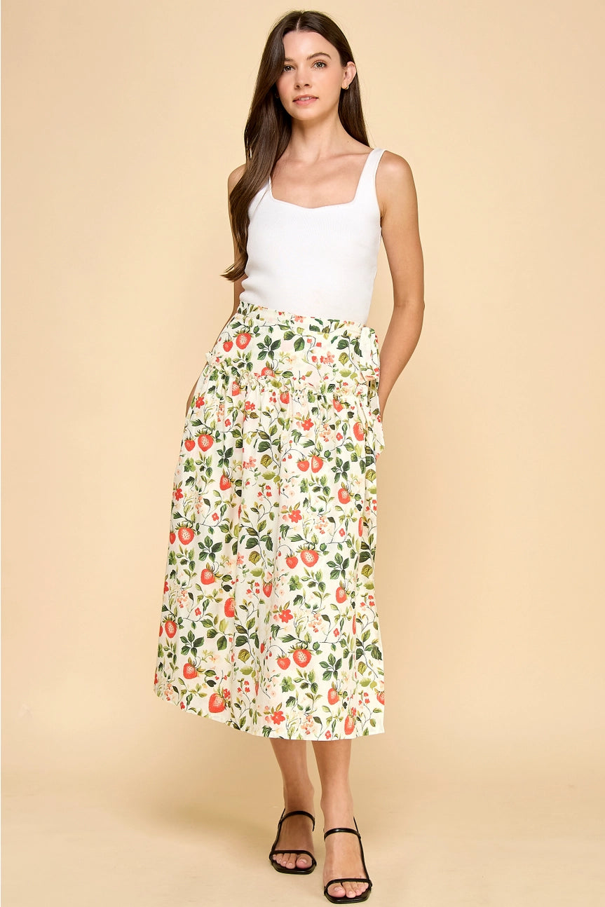 Strawberry Print High Waist Ruffle Midi Skirt