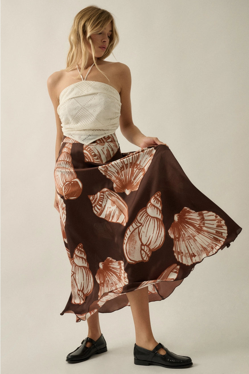 Seashell-Print Satin A-Line Maxi Skirt