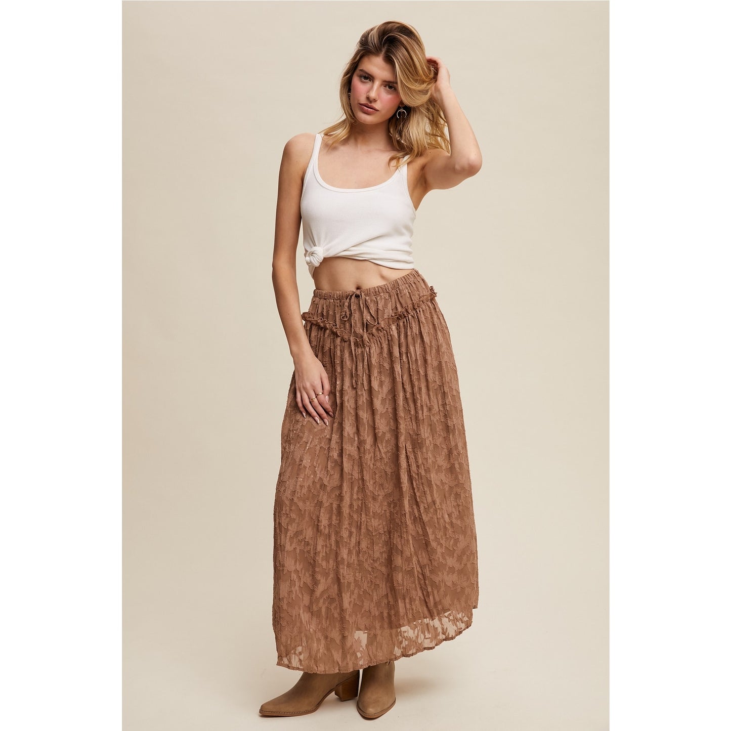 Brown Floral Textured Maxi Skirt